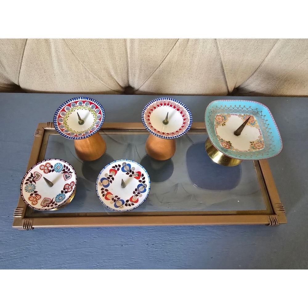 Mid Century Austrian Enamel Candle Holders Set 5 Tray Handmade Vintage Steinbock - Picture 2 of 6